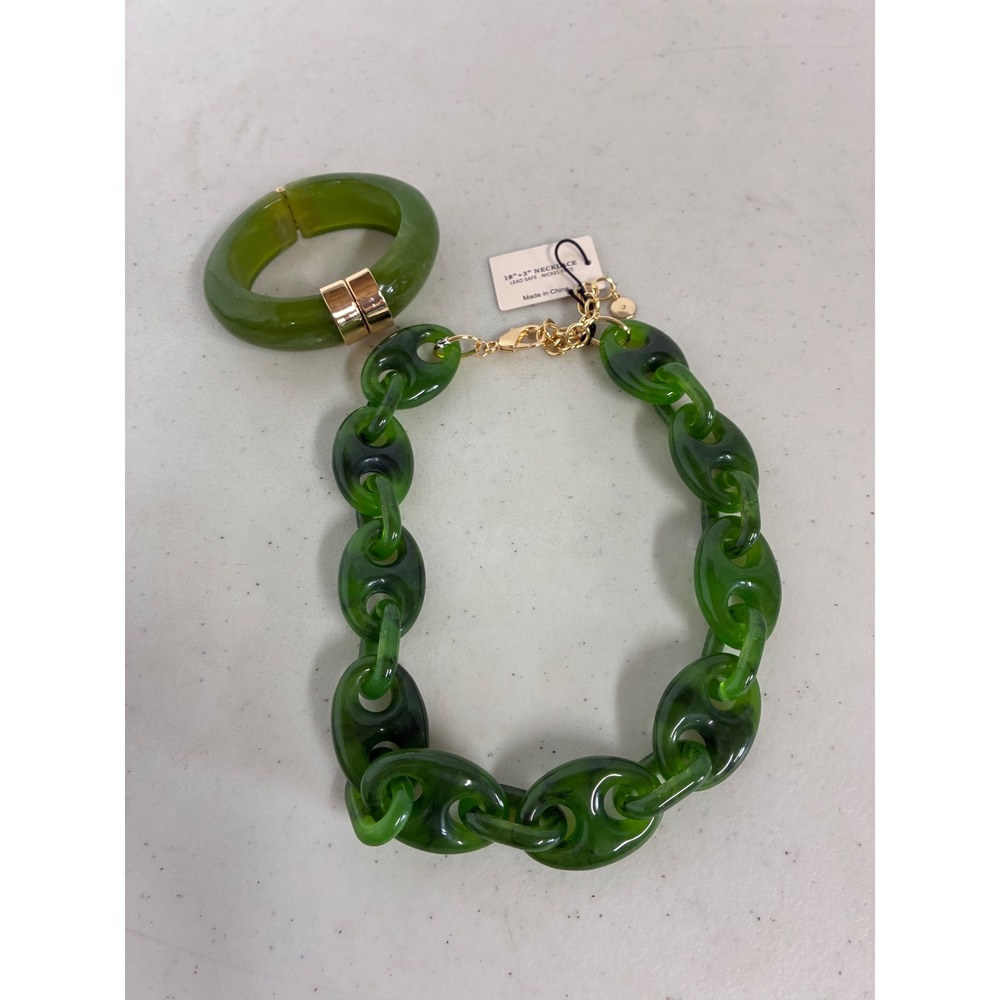 Chunky Green Acrylic Link Necklace and Hinge Bangle Bracelet Jewelry Set NEW